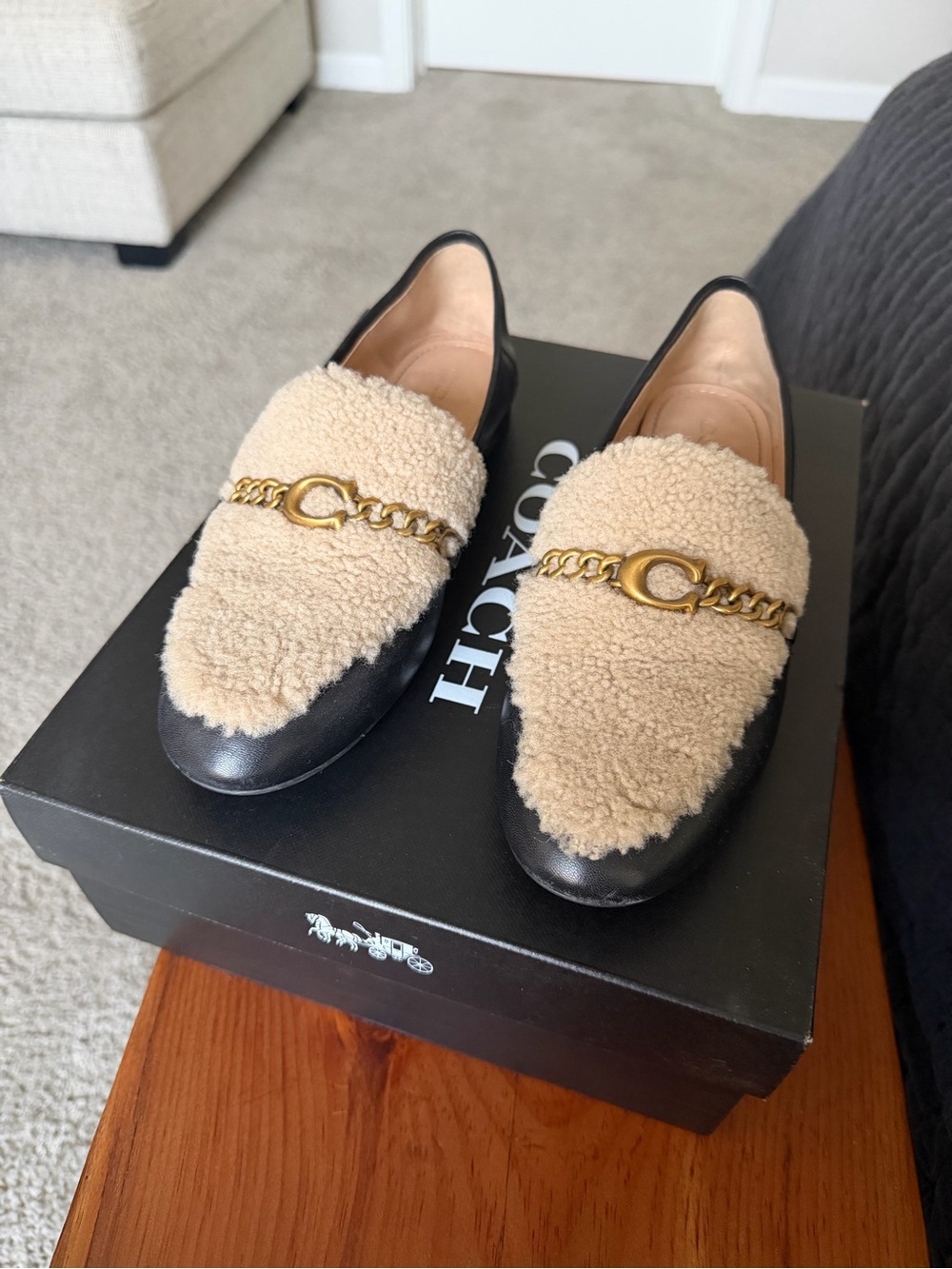 Coach Black Leather & Cream Shearling Loafers with Gold Chain